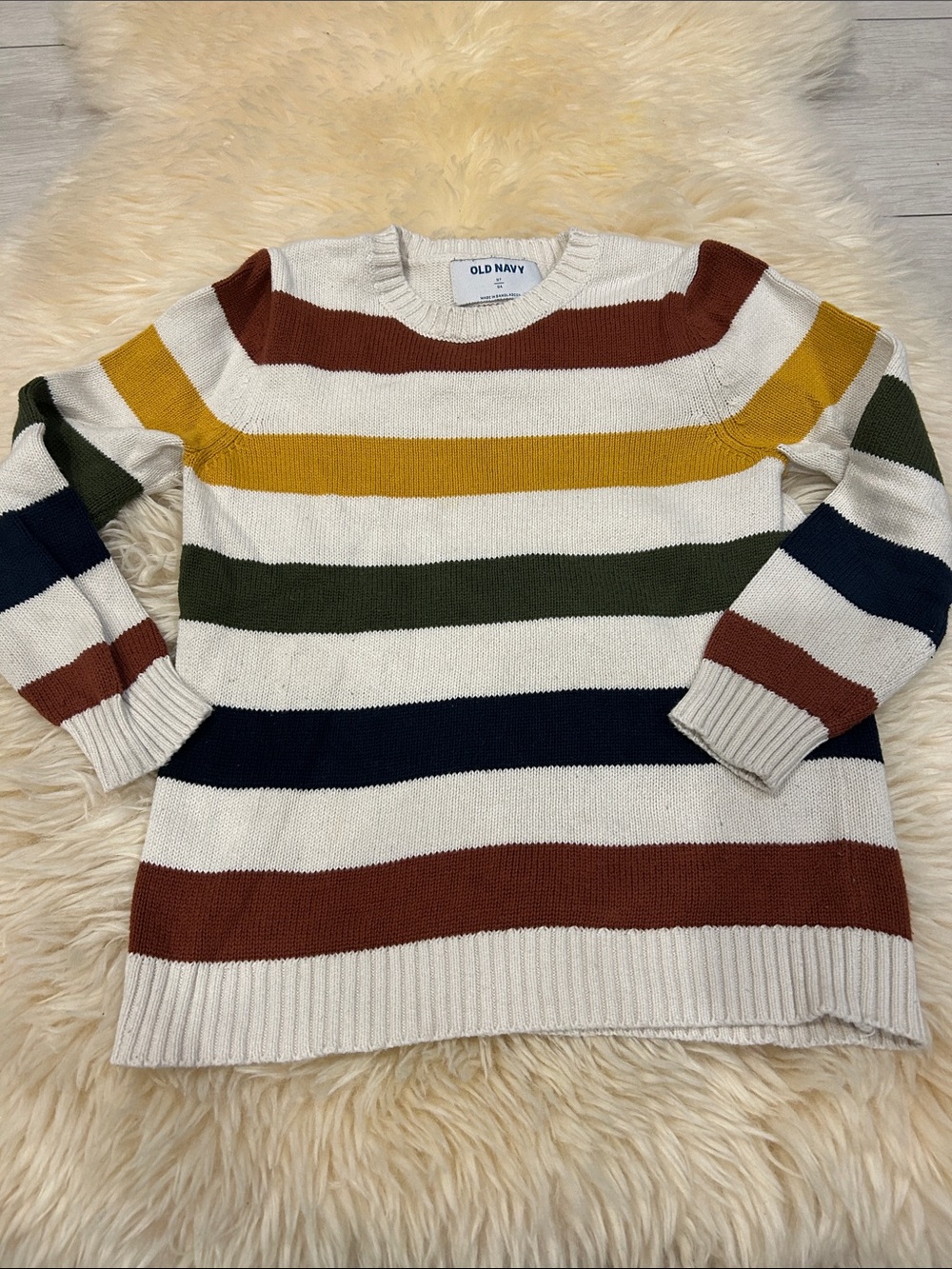 Old Navy Cream Crewneck Sweater with Mustard, Olive, Navy, and Rust Stripes